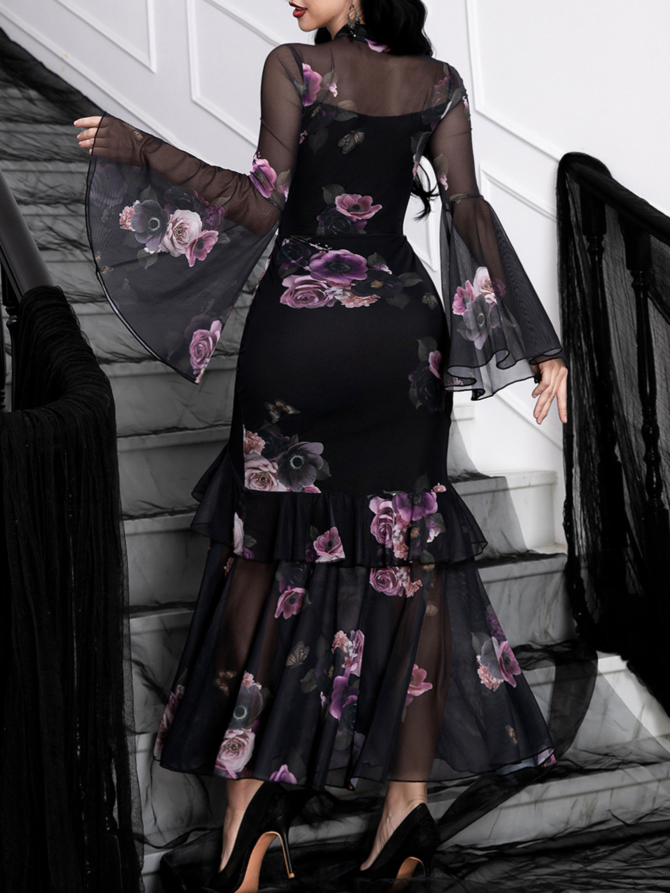 Gothic Floral Mesh Dress Elegant Sheer Long Bell Sleeves Cocktail Dress